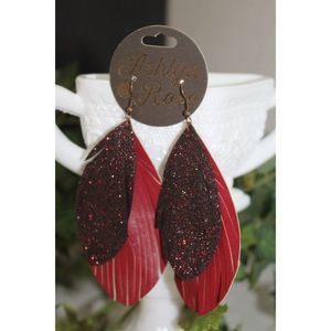 AshlynRose Layered Feather Faux Leather &‎ Glitter Earrings (Maroon)
